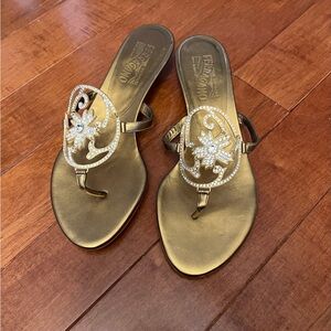 Salvatore Ferragamo Rhinestone Kitten Heel Sandals